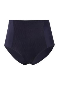 Hoge taille donkerblauwe onderbroek met een gestructureerd lichaam, gladde zijkanten en een elastische tailleband. Kenmerkt zich door subtiele stikpatronen.