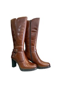 Stivali alti in pelle marrone con tacco a blocco alto, dotati di zip laterale e di una cinghia decorativa con dettaglio fibbia. Texture liscia.