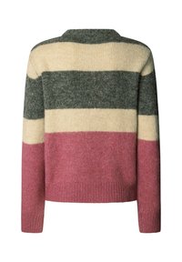 Vue arrière d'un pull en maille à manches longues avec de larges rayures horizontales vert foncé, beige et rose poussiére.