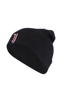 Berretto lavorato a maglia nero con orlo piegato, caratterizzato da un logo rosa "J". La texture è liscia e il design è semplice e affusolato nella parte superiore.