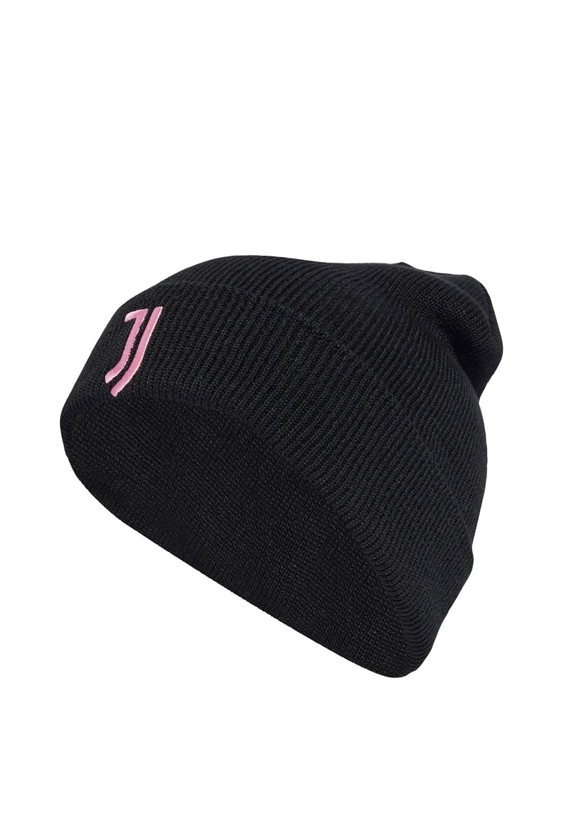 Berretto lavorato a maglia nero con orlo piegato, caratterizzato da un logo rosa "J". La texture è liscia e il design è semplice e affusolato nella parte superiore.