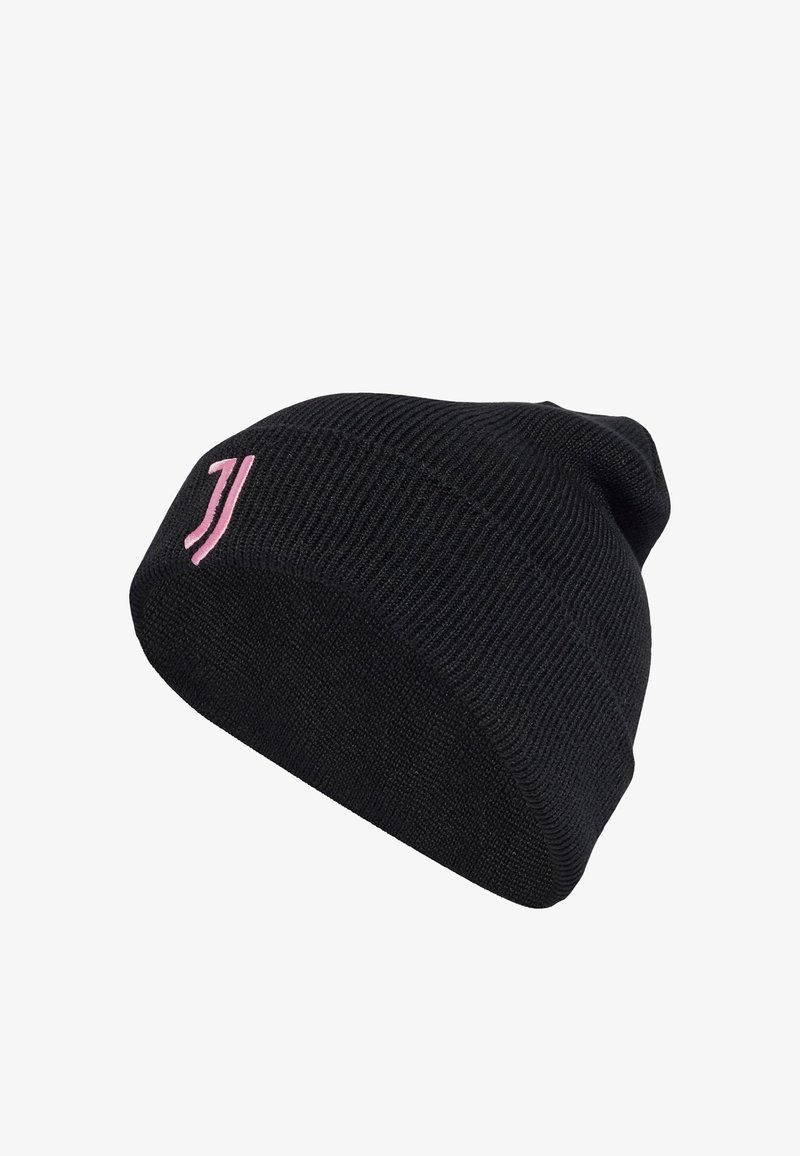 Bonnet tricoté noir avec un revers, orné d'un logo "J" rose. La texture est lisse et le design est simple et effilé en haut.