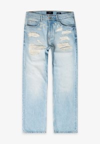 Jeans de denim azul claro con áreas desgastadas, que cuentan con cinco bolsillos, un corte recto y cierre de botón metálico.