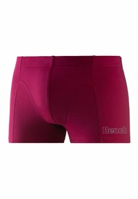 Burgundy men's boxer shorts with a smooth texture, featuring a contoured pouch, contrast stitching, and a logo in gray on the lower side.