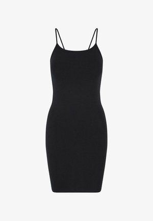 Black sleeveless dress with thin straps, form-fitting design, made of smooth fabric, knee-length with a simple, unembellished style.
