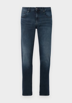 Dark blue slim-fit jeans with subtle fading on thighs and knees, featuring button closure and five-pocket design.