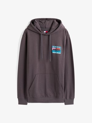 Grå hettegenser laget av bomullsmiks, med en frontlomme, snor i hetten og et flerfarget logopatch på venstre bryst.