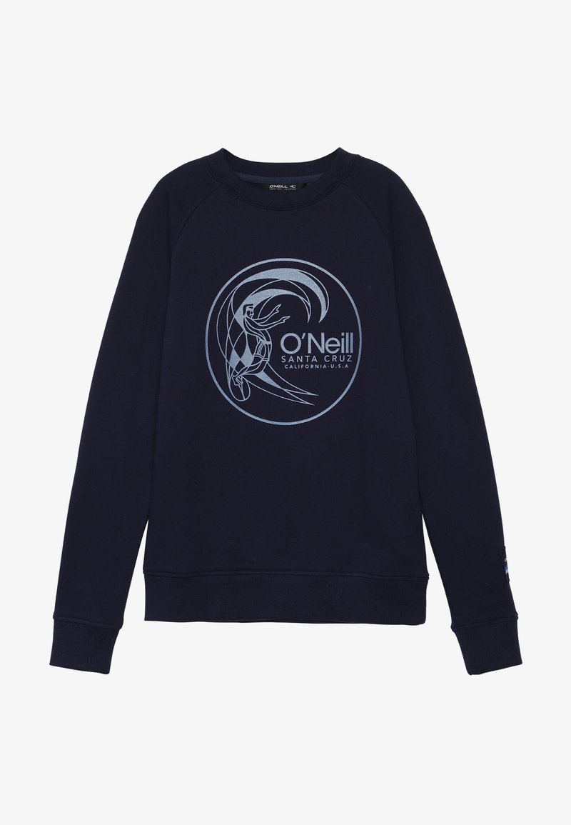 Sweat-shirt bleu marine à manches longues avec poignets côtelés, avec un grand graphisme de surfeur argenté et le texte « O'Neill Santa Cruz California U.S.A » sur le devant.