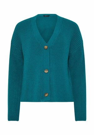 Petrolfarbener Strickcardigan mit V-Ausschnitt, drei braunen Knöpfen vorne und langen Ärmeln, dargestellt auf weißem Hintergrund.