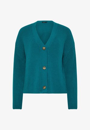 Cardigan lavorato a maglia color verde petrolio con scollo a V, tre bottoni marroni sul davanti e maniche lunghe, mostrato su sfondo bianco.