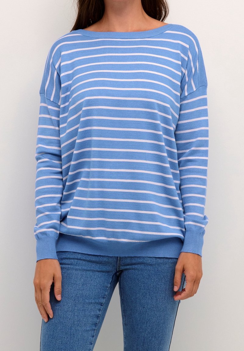 Pull bleu clair à rayures blanches horizontales. Matière tricotée douce, encolure large, poignets et ourlet côtelés. Coupe décontractée.
