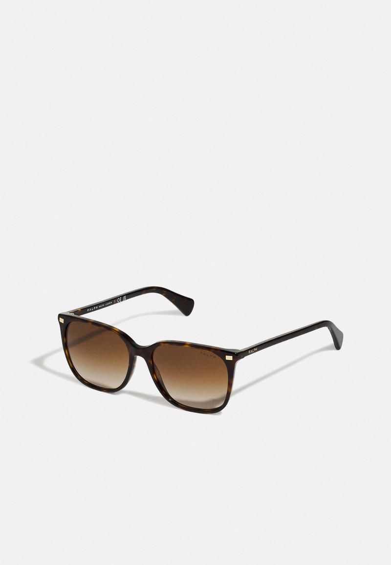 Tortoiseshell sunglasses with square frame, gradient brown lenses, and subtle gold accents on temples. Features smooth plastic material.