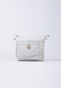 Light gray synthetic handbag with a zip closure, front pocket, and gold-tone hardware. Features soft texture and a rounded shape.