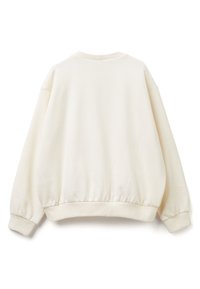Krémová oversized mikina s kulatým výstřihem, žebrovanými manžetami a lemem. Hladká textura bez viditelných vzorů či ozdob.