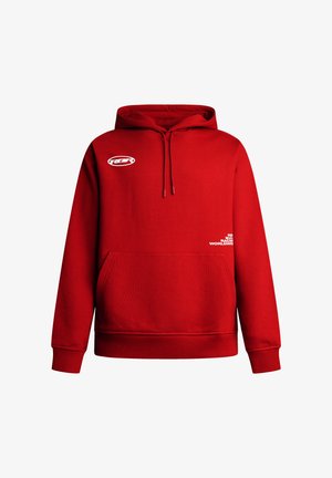 Sudadera roja con capucha y un bolsillo tipo canguro en la parte delantera, puños y dobladillo acanalados, que presenta un logo blanco en el pecho y la manga.