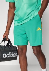 Green mesh athletic shorts with side pockets, featuring a yellow Adidas logo. A black duffel bag with white Adidas branding is held in one hand.