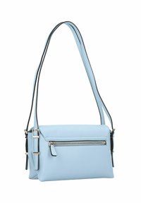 Borsa a spalla azzurro chiaro realizzata in materiale sintetico liscio, con tasca frontale con zip, tracolla regolabile e dettagli neri.