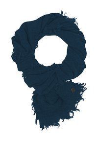 Sciarpa tessuta di colore blu scuro con bordi sfrangiati e un design circolare. Realizzata in tessuto leggero, presenta un piccolo dettaglio metallico.
