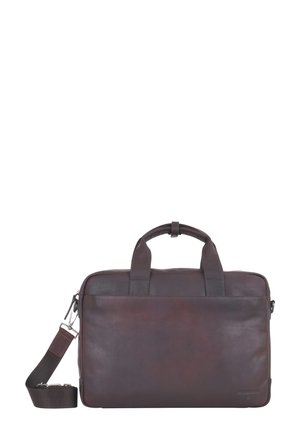Dark brown leather bag with dual handles and a detachable shoulder strap. Smooth texture, rectangular shape, zip closure, minimalistic design.