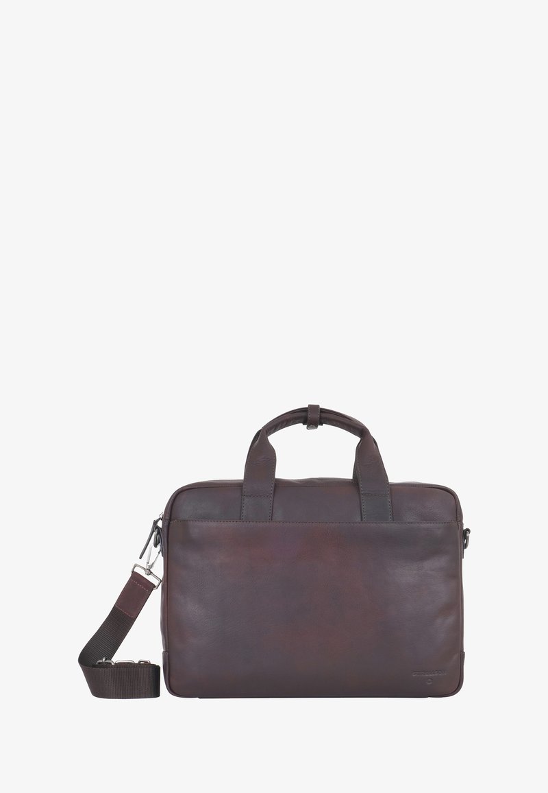Dark brown leather bag with dual handles and a detachable shoulder strap. Smooth texture, rectangular shape, zip closure, minimalistic design.