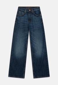 Vidajeans i mörkblå denim, med en blekt tvätt, framfickor och en knappstängning i midjan.