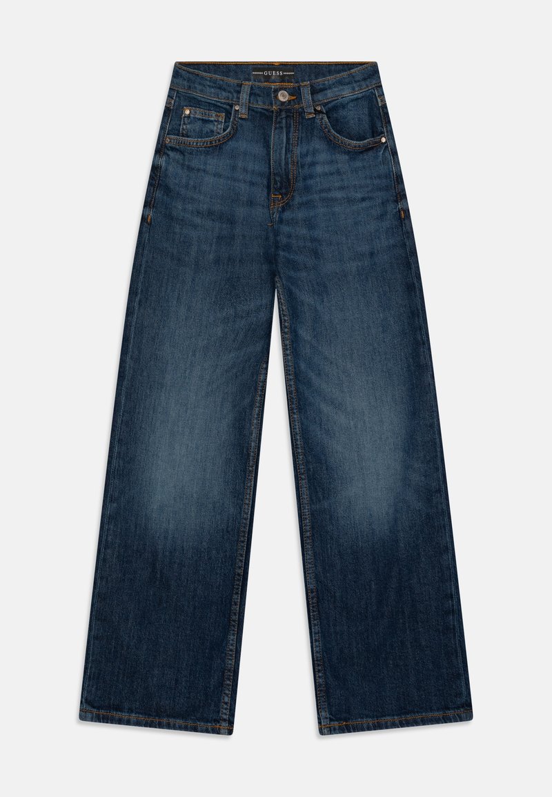 Vidajeans i mörkblå denim, med en blekt tvätt, framfickor och en knappstängning i midjan.