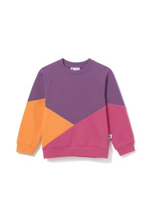 Dziecięca bluza z długim rękawem w blokach kolorów fioletowego, pomarańczowego i różowego, z okrągłym dekoltem i ściągaczami przy mankietach.