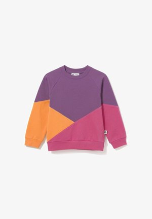 Dziecięca bluza z długim rękawem w blokach kolorów fioletowego, pomarańczowego i różowego, z okrągłym dekoltem i ściągaczami przy mankietach.