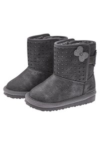 Šedé textilní kotníkové boty s hladkým povrchem, zdobené vyvýšeným tečkovaným vzorem, dekorativním květinovým akcentem a gumovou podrážkou pro lepší přilnavost.