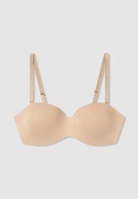 Reggiseno strapless beige realizzato in tessuto morbido, con leggera imbottitura e spalline sottili regolabili, dotato di chiusura a gancio e occhiello sul retro.