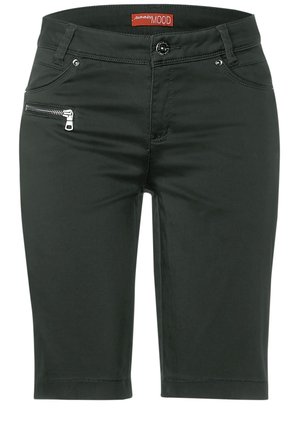 Zwarte knielange smalle shorts met voorknop, ritssluiting, zijritszak en voorzakken, met label "Summer Mood" aan de binnenkant van de tailleband.