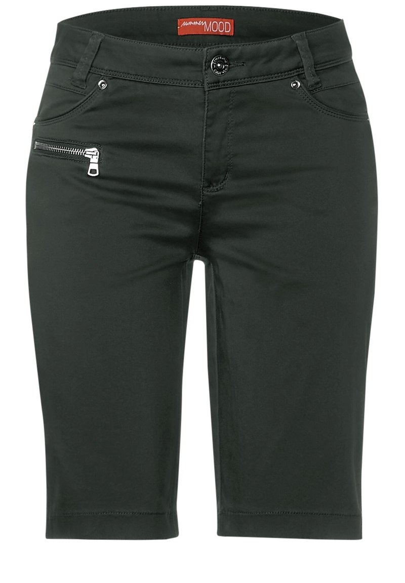 Shorts noirs slim longueur genou avec bouton devant, braguette zippée, poche latérale zippée et poches avant, étiquetés "Summer Mood" à l’intérieur de la ceinture.