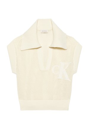 Cremefarbener gestrickter ärmelloser Pullover mit weitem Rippenkragen, tiefem V-Ausschnitt und dezentem „CK“-Logo auf der Vorderseite.