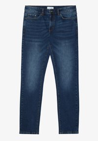 Dark blue denim jeans with a straight cut, front pockets, and subtle fading along the legs. Stitched detailing at the seams.
