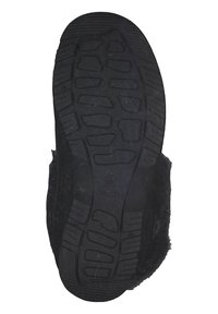 Schwarze Gummisohle mit strukturiertem Profil, das tiefe Rillen und Erhebungen für besseren Halt aufweist. Logo und Markenname sind in die Sohle eingraviert.