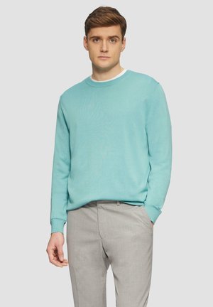 Hellblauer Strickpullover mit Rundhalsausschnitt, langen Ärmeln und gerippten Bündchen, kombiniert mit hellgrauen Hosen. Glatte Textur und lässige Passform.