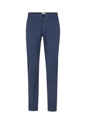 Navyblauwe broek gemaakt van een zachte stof, met een sluiting aan de voorkant met een knoop en ceintuurlussen. Het ontwerp is slim-fit met rechte pijpen.