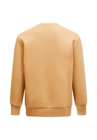 Felpa marrone chiaro, morbido misto cotone, collo rotondo, polsini e bordo a coste, vestibilità leggermente oversize, retro semplice senza motivi o loghi.