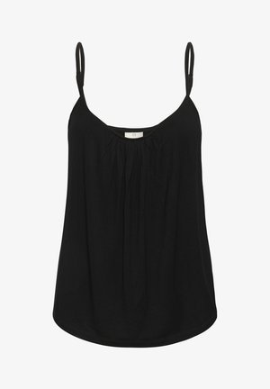 Schwarzes ärmelloses Top mit dünnen verstellbaren Trägern, rundem Halsausschnitt, gerafftem Detail vorne und lockerem Sitz. Hergestellt aus weichem Stoff.