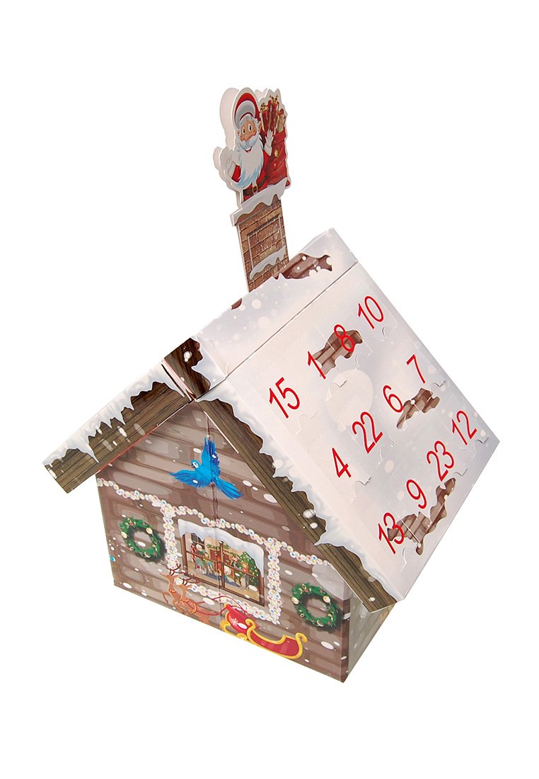 Adventskalender in Form eines Holzhauses. Mit einem schneebedeckten Dach, roten nummerierten Türen, grünen Kränzen und einer Santa-Figur auf dem Dach.