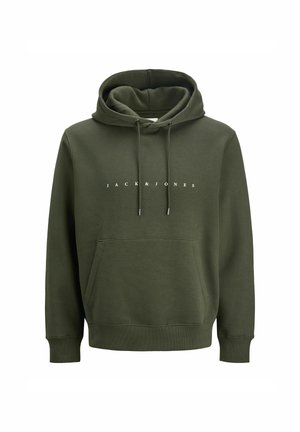 Olívovozelená mikina z bavlnenej zmesi, s prednou vreckom, šnúrkami a bielym logom "JACK & JONES" naprieč hruďou.