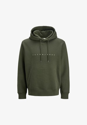 Olive green hoodie made of cotton blend, featuring a front pocket, drawstrings, and "JACK & JONES" logo in white across the chest.
