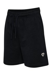 Sorte bomulds-shorts med elastisk talje, snøre detaljer og et lille broderet logo på fronten nederst. Glat tekstur, afslappet design.