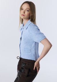 Lichtblauwe wollen cardigan met korte mouwen, geribbelde kraag en zakken. Kenmerkt zich door een zachte textuur en een aansluitend ontwerp, gecombineerd met donkere broeken.