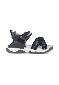 Sandalia azul marino con correas ajustables, plantilla acolchada y suela de goma texturizada con acentos en gris y naranja.