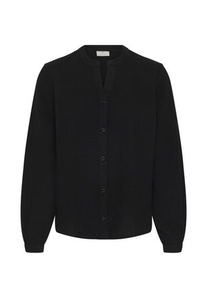 Blouse noire à manches longues avec fermeture boutonnée sur le devant et encolure ronde avec une petite découpe en V au centre.