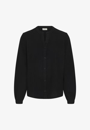 Must pikkade varrukatega pluus, millel on nööpidega esikülg ja ümar kaelus, mille keskel on väike V-kujuline lõige.