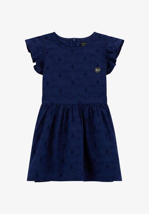Robe bleu marine avec de courtes manches à volants, motif de broderie florale, jupe froncée et un détail en forme de cœur sur la poitrine.