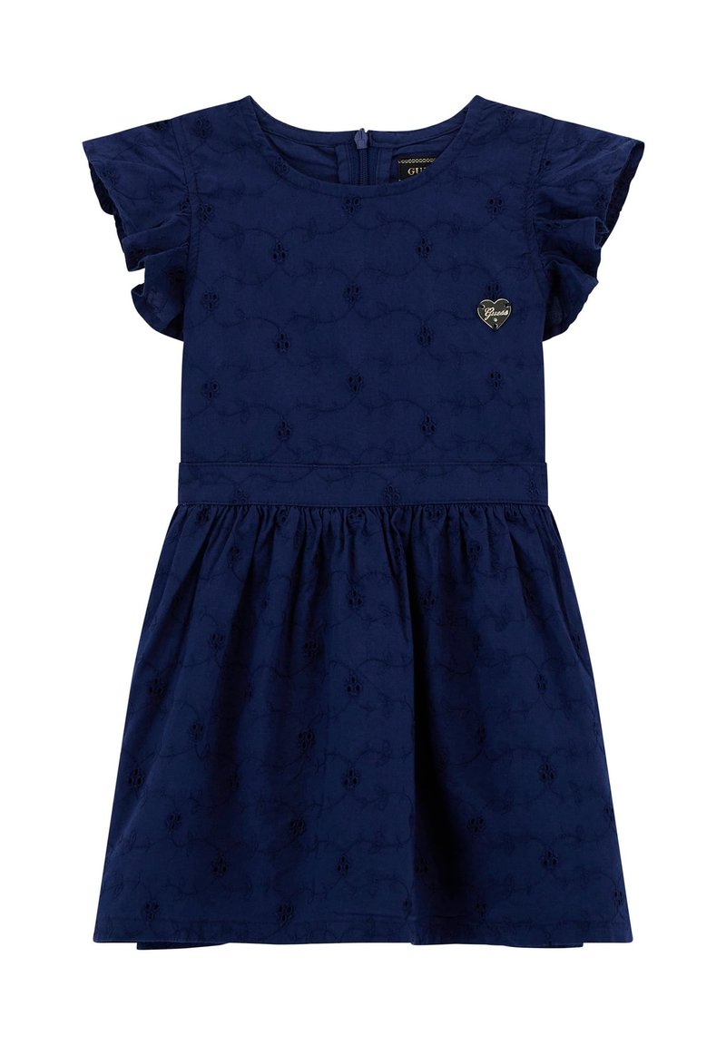 Marineblauwe jurk met korte volantmouwen, bloemdecoratie, geplooide rok en een hartvormig logo detail op de borst.
