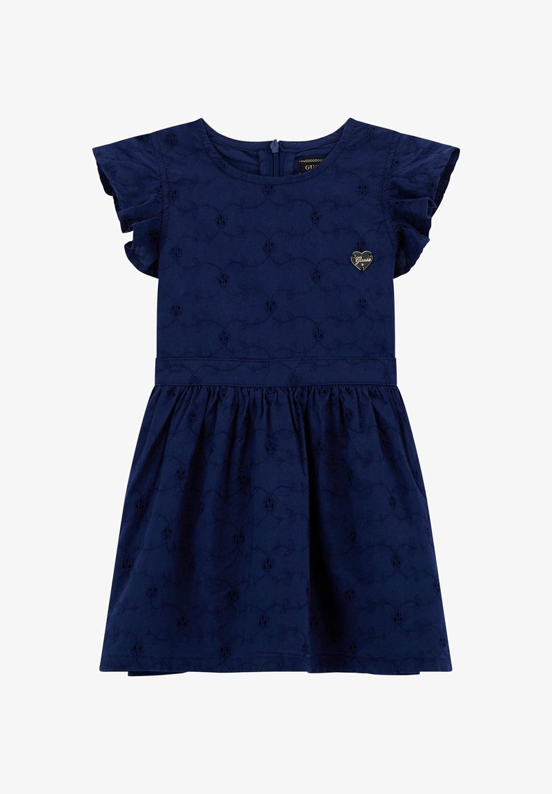Námořnická modrá šaty s krátkými volánovými rukávy, květinovým výšivkovým vzorem, skládanou sukní a detaily ve tvaru srdce na prsou.